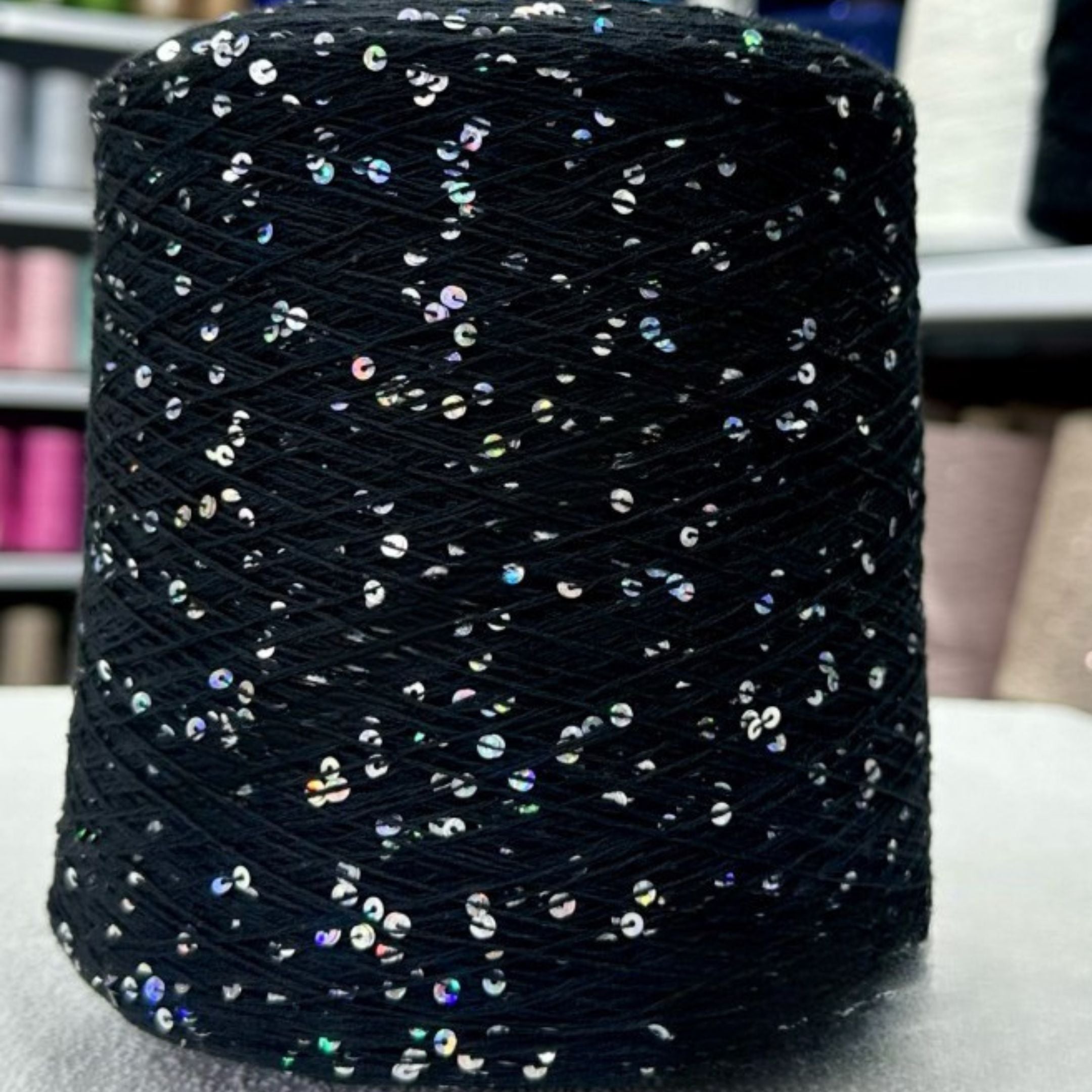 Knitted swatch with sparkling 3mm sequin cotton yarn