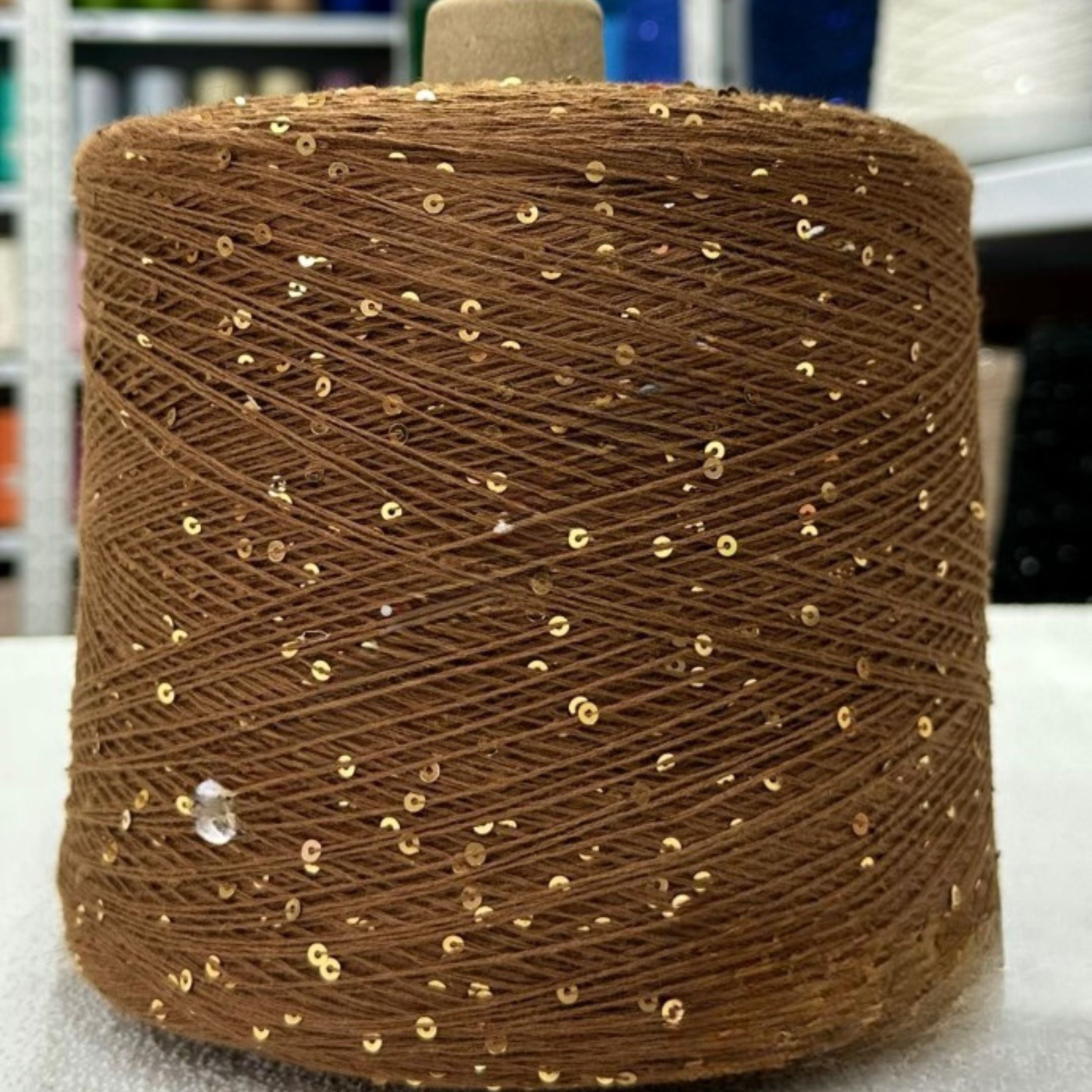 Coffee-colored and gold-toned premium Italian sequin 3mm for knitting