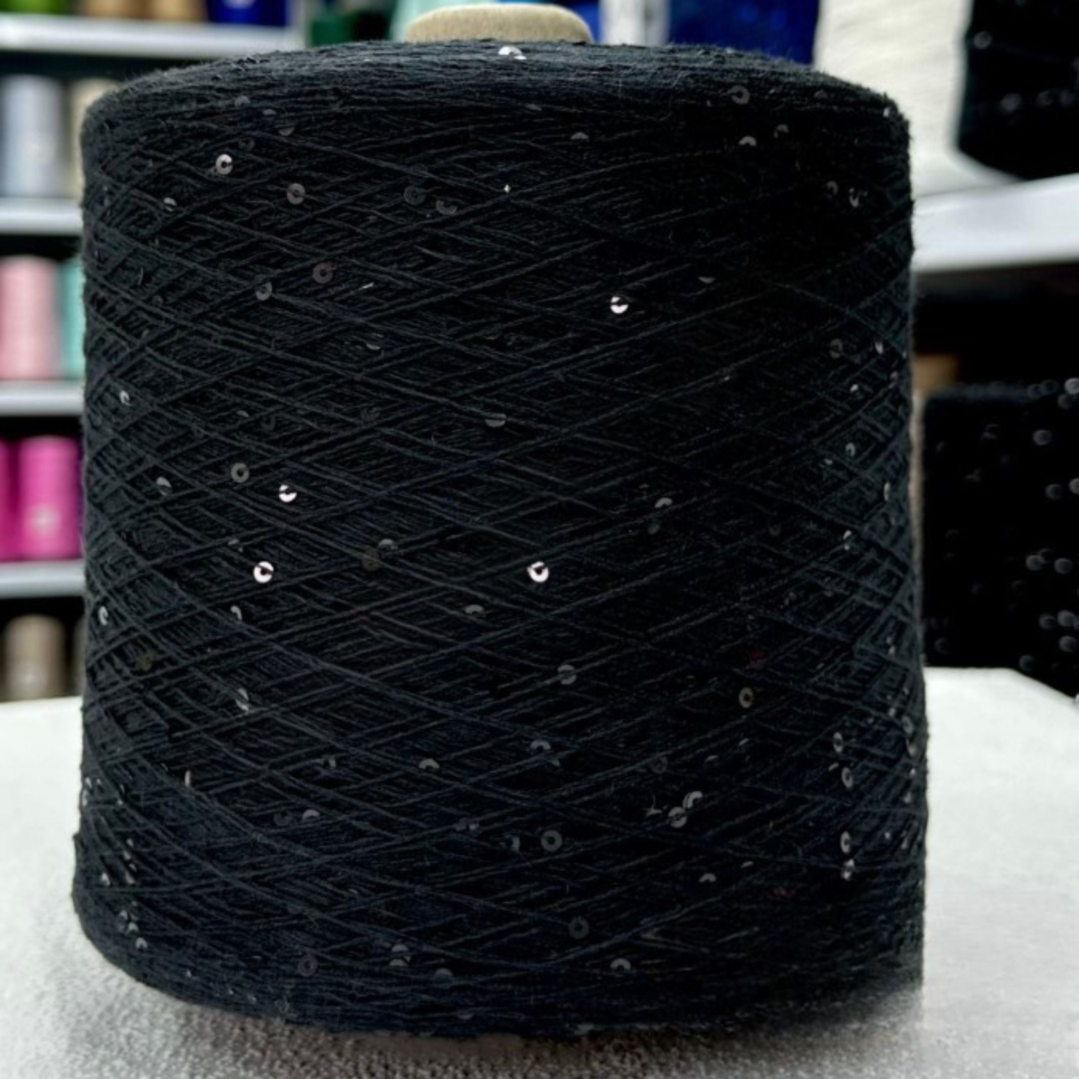 Full view of soft cotton yarn ball with sparkling 3mm sequins