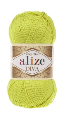 Ball of yellow yarn with 'alize Diva 109' label on a white background