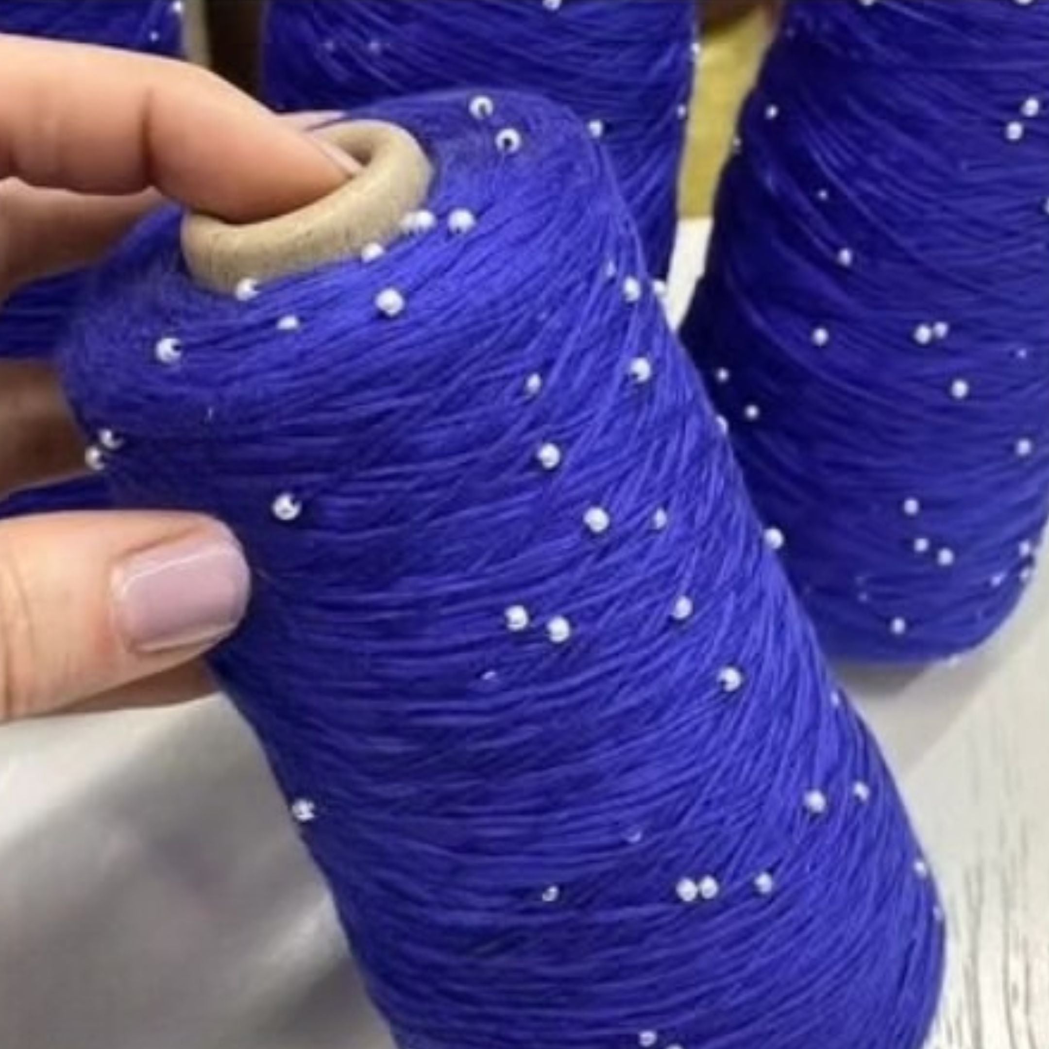 Deep blue beaded cotton yarn with sparkling pearls – dramatic evening mercerized yarn code 113 – luxury 1100m