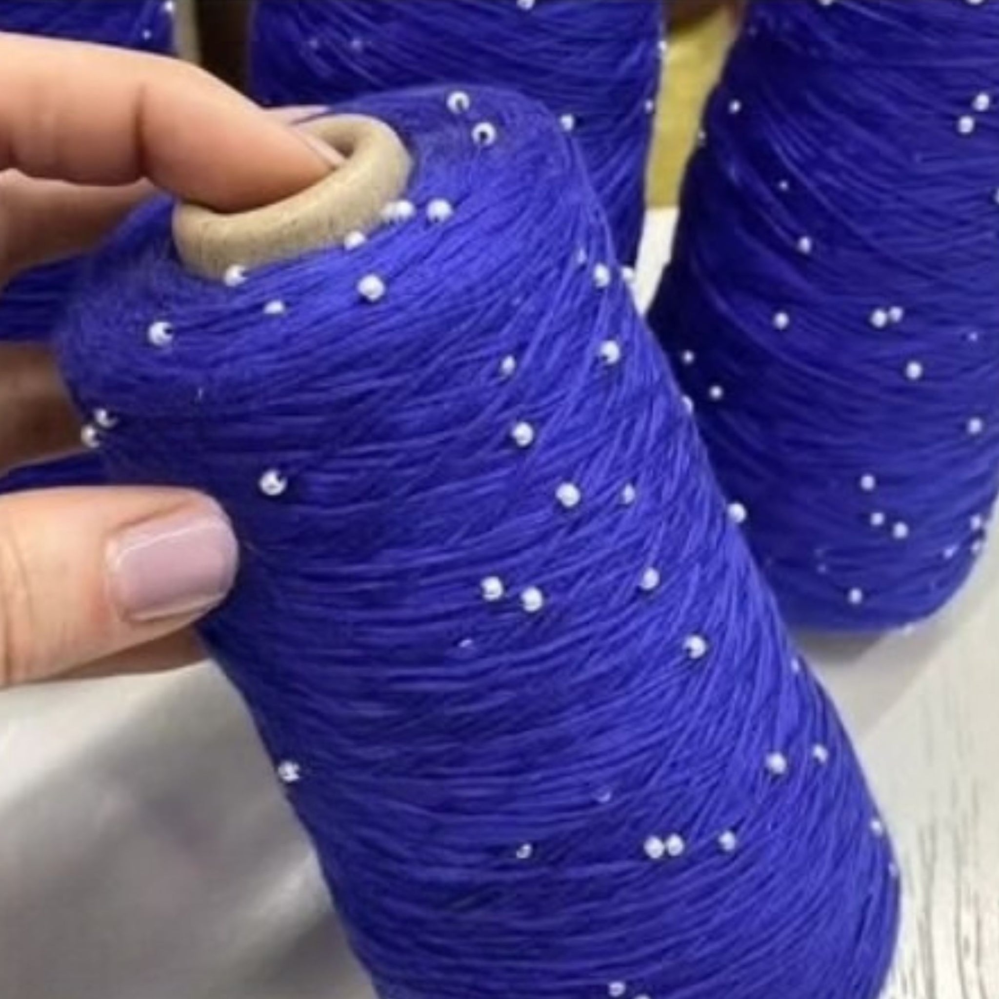 Deep blue beaded cotton yarn with sparkling pearls – dramatic evening mercerized yarn code 113 – luxury 1100m
