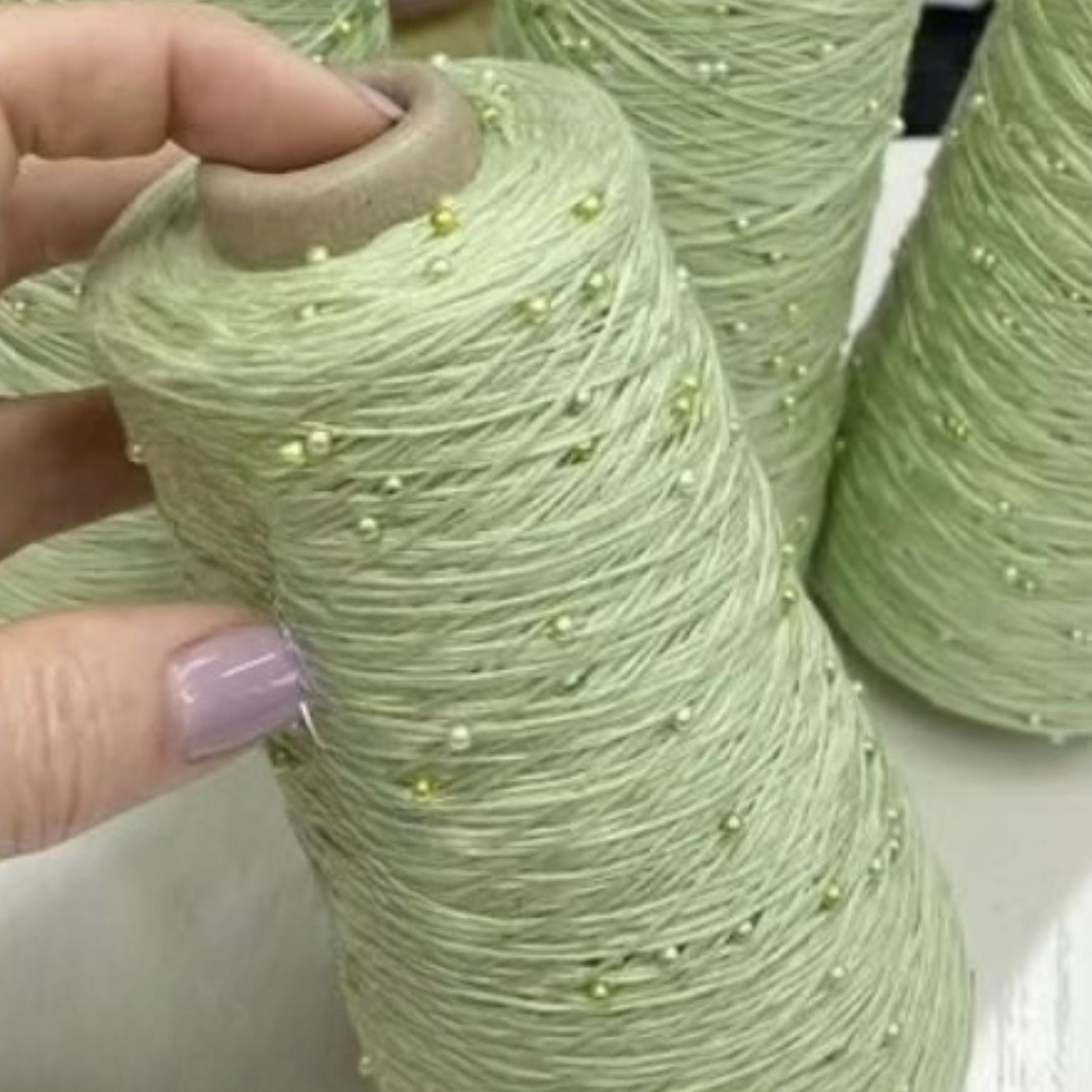 pistachio beaded cotton yarn with iridescent pearls – classic mercerized bobbin yarn code 001 – bridal knitting yarn