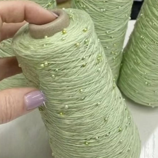pistachio beaded cotton yarn with iridescent pearls – classic mercerized bobbin yarn code 001 – bridal knitting yarn