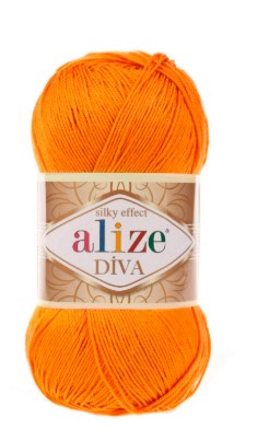Orange ball of yarn with Alize Diva 120 label on a white background