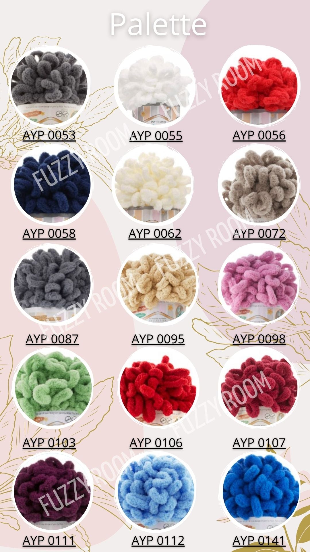 Color palette with various textured yarn samples and color codes on a pink background