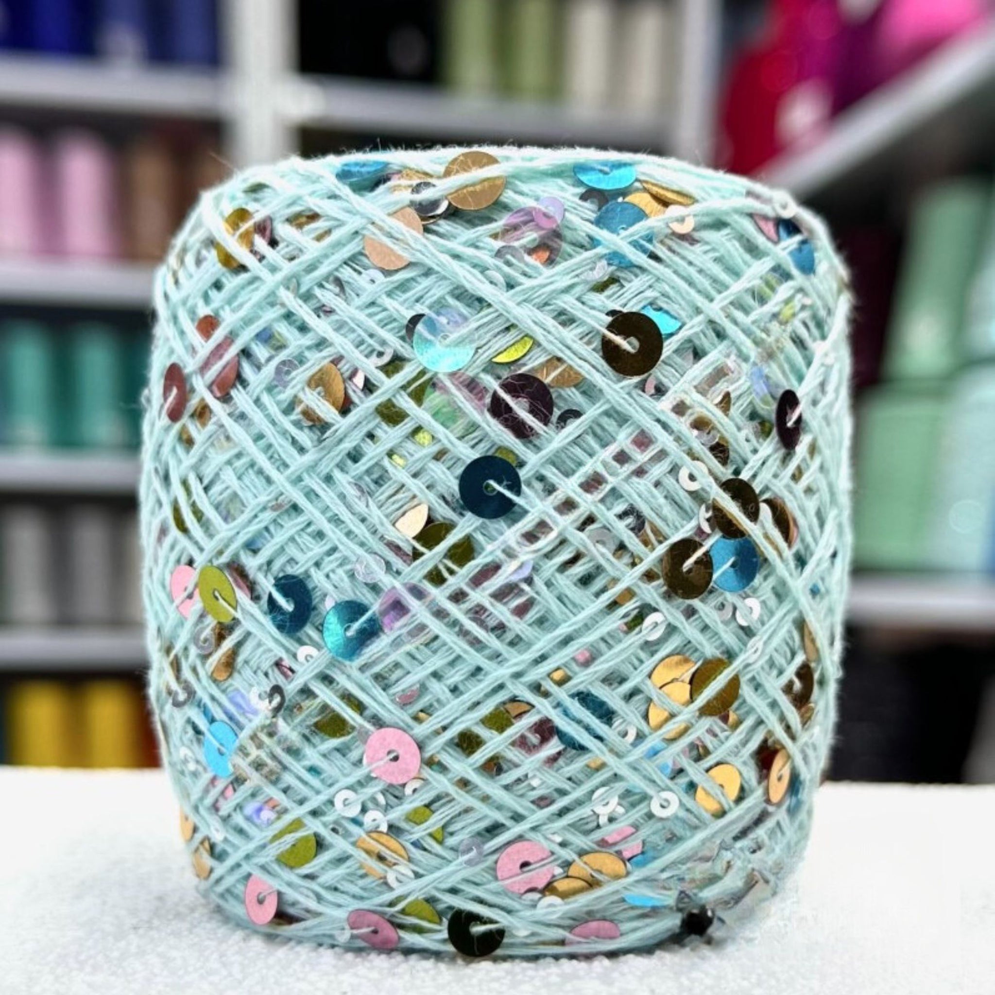 SEQUIN COTTON YARN, Sparkle Yarn, Crochet Yarn, Knitting Yarn, Nuno Felting, Beaded Yarn, Yarn With paillettes, 6mm&3mm Sequins Cotton Yarn