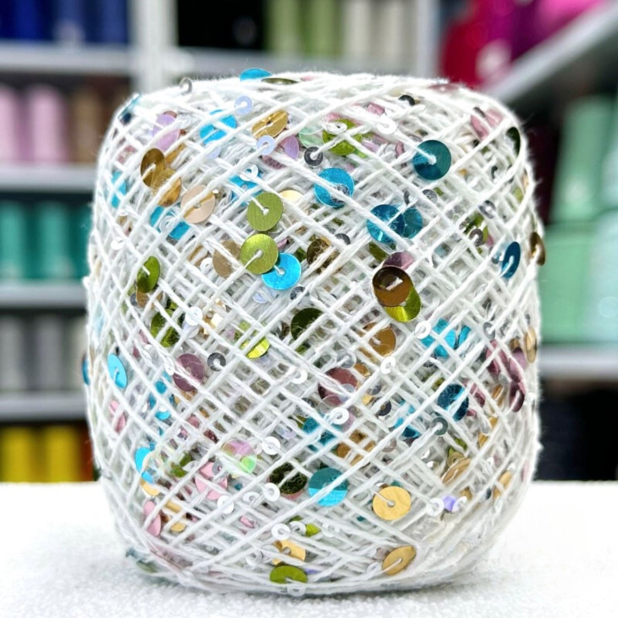 SEQUIN COTTON YARN, Sparkle Yarn, Crochet Yarn, Knitting Yarn, Nuno Felting, Beaded Yarn, Yarn With paillettes, 6mm&3mm Sequins Cotton Yarn