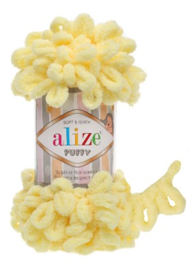 Toy with yellow floral design in a cylindrical container labeled 'alize Puffy' on a white background