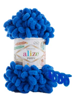 Blue yarn with a visible 'alize' label on a white background