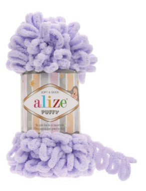 Purple yarn ball with 'alize' label on a white background