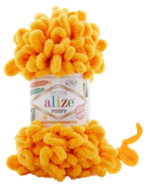 Ball of orange yarn with Alize label on a white background