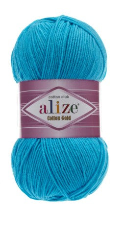 Turquoise skein of yarn with Alize label on a white background