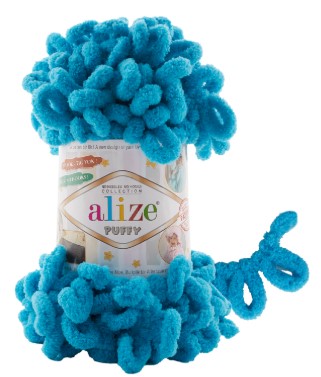 Blue yarn ball with a visible 'alize' label on a white background