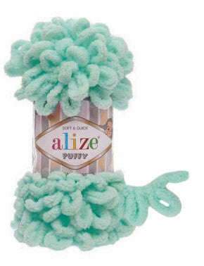 Turquoise yarn toy with 'alize' branding on a white background