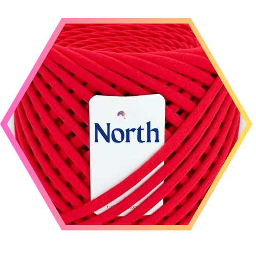 Bright red premium t-shirt yarn skein close-up, 100% recycled cotton jersey fabric yarn