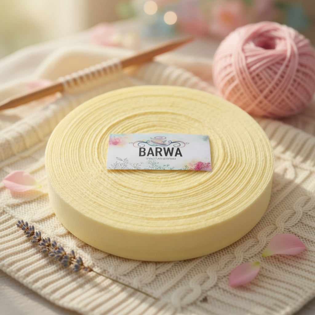 Premium yellow t-shirt yarn roll 7-9mm made of 100% virgin cotton, styled with knitting needles and pink yarn ball