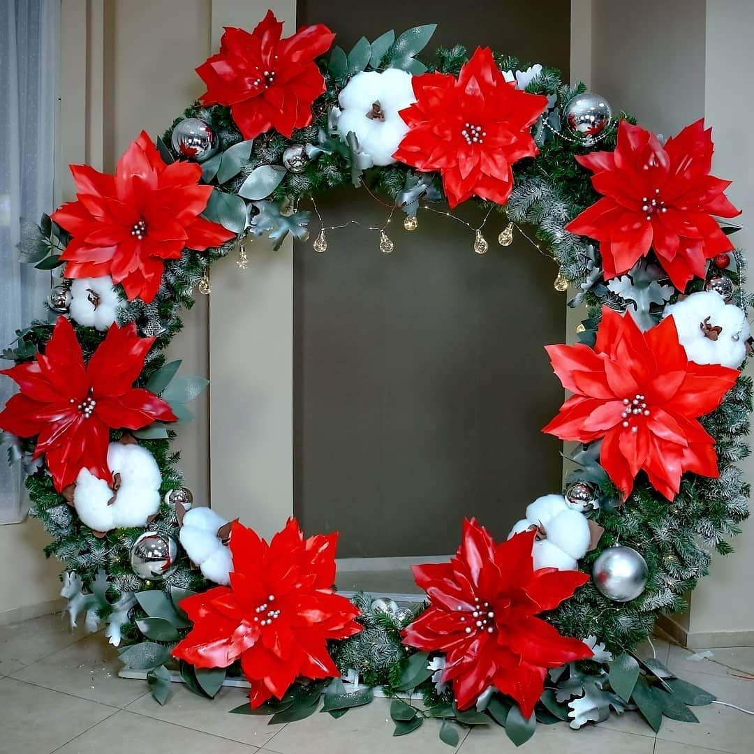Giant Red Poinsettia Wreath with Lights 2.3m