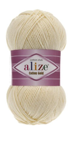 Skein of Alize Cotton Gold yarn in bright white (color 55 or 01), 55% cotton 45% acrylic blend, 100g / 330m, soft and breathable for summer tops, baby clothes, and amigurumi crochet projects