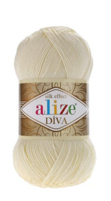 Ball of yarn with Alize Diva 01 label on a white background