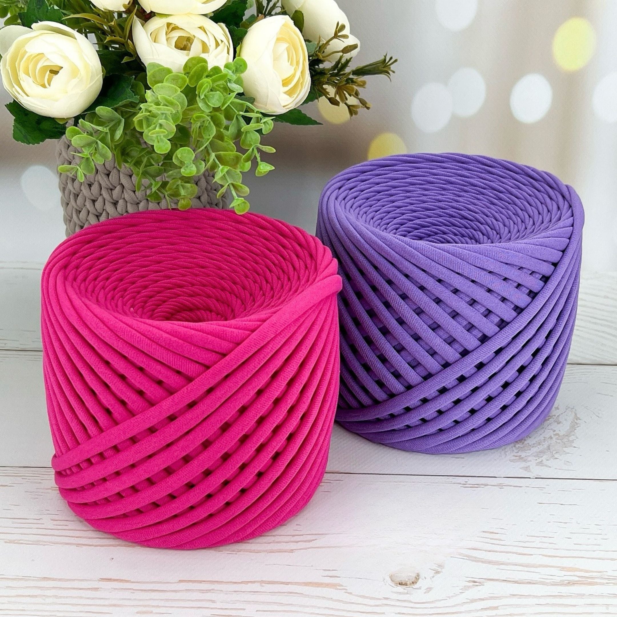 Vibrant Fuchsia Pink and Purple Chunky T-Shirt Yarn 7-9mm Recycled Cotton - Soft Eco Jersey Yarn for Trendy Crochet Bags - Fuzzyroom
