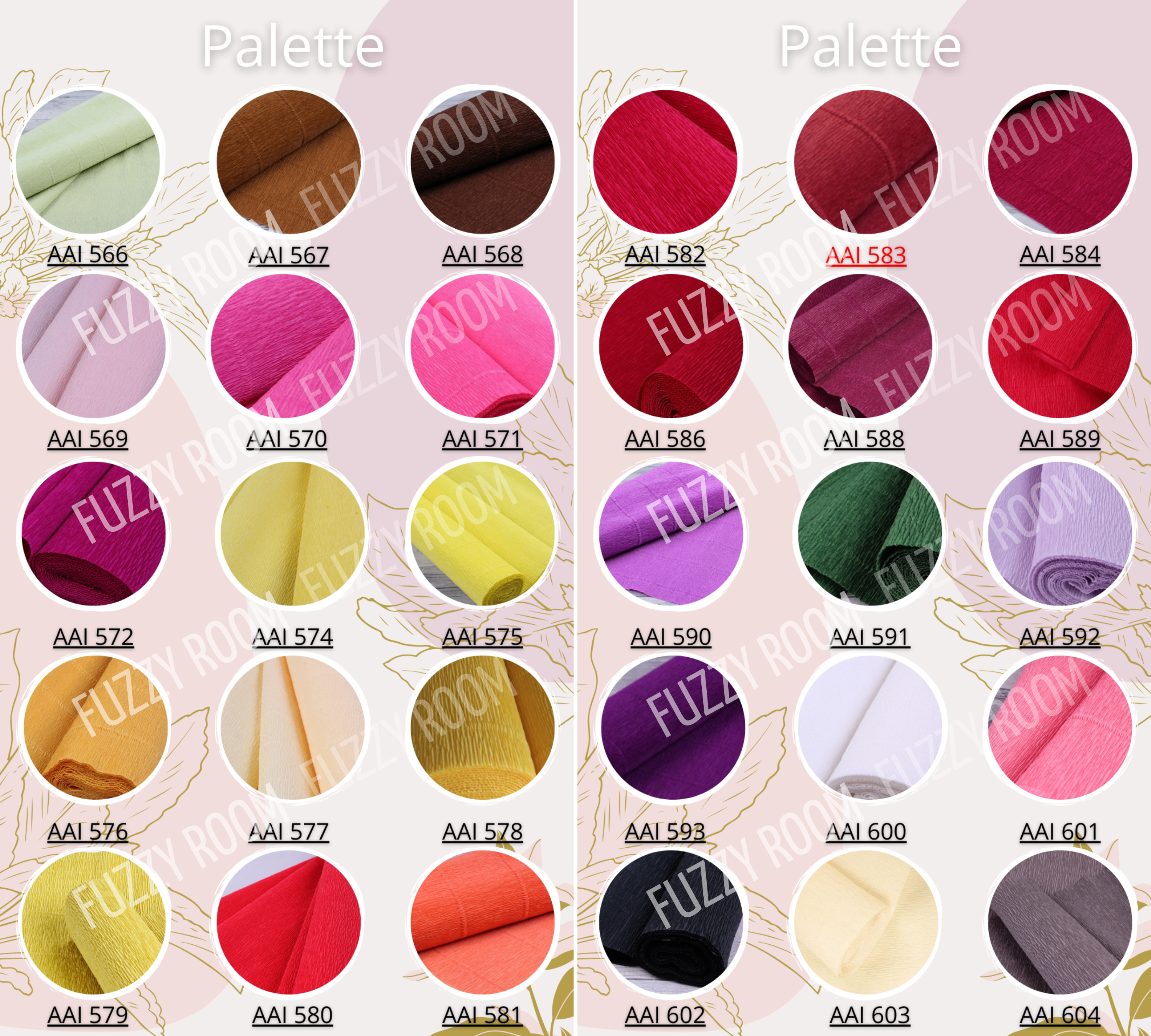 Two color palettes with various shades of colors labeled 'Fuzz' and 'Room'.