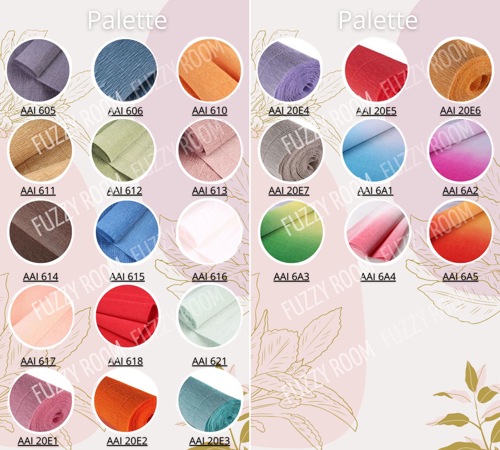 Two color palettes with fabric swatches labeled AAL605 to AAL623 on a decorative background.