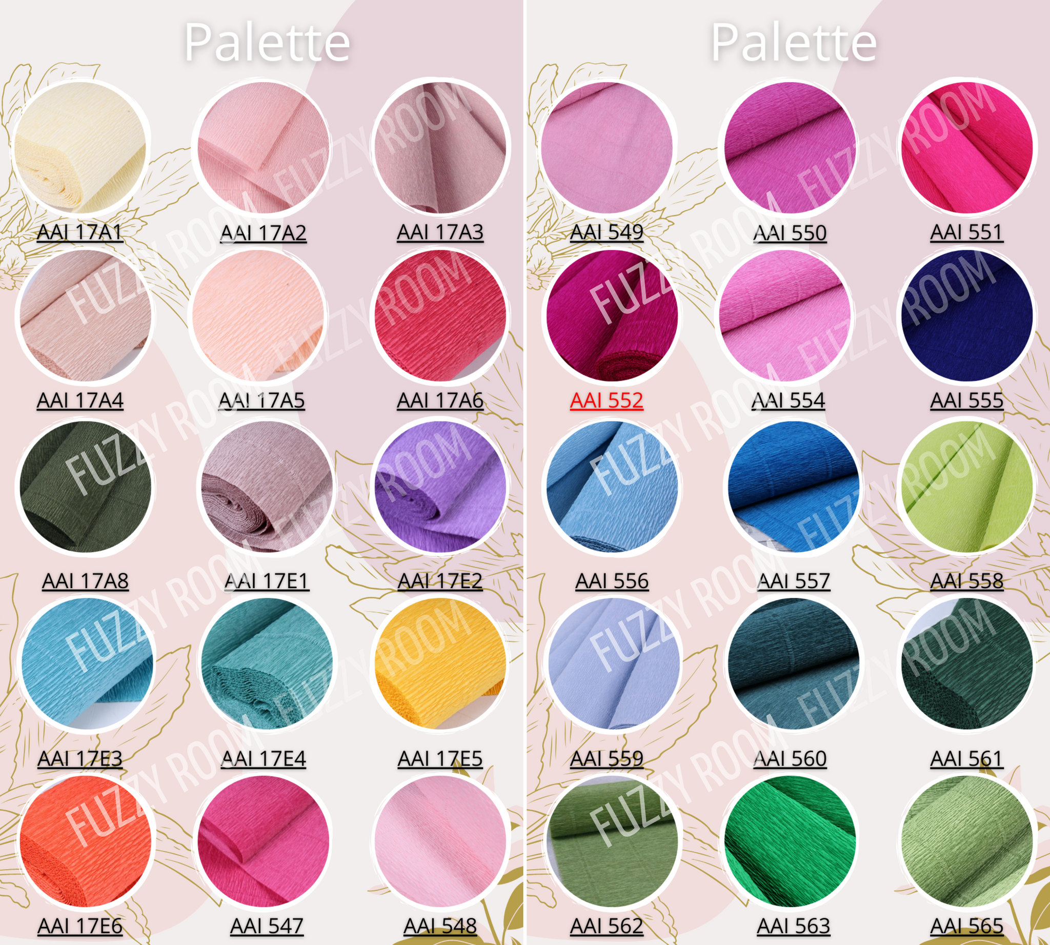 Color palette swatches labeled with brand names on a decorative background