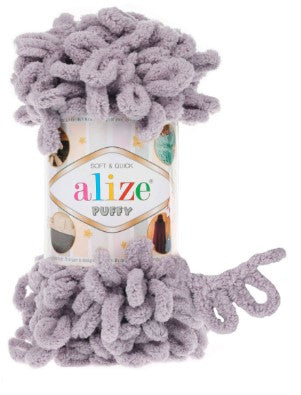 Alize Puffy 268 yarn with fluffy texture on a white background