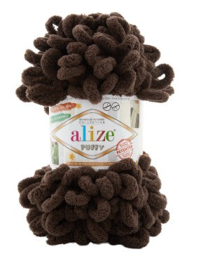Brown puffy yarn with Alize label on a white background