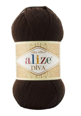 Ball of brown yarn with Alize Diva 26 label on a white background