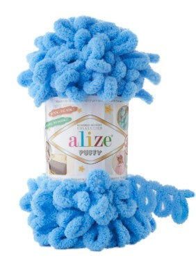 Blue yarn with pom-pom texture on a white background, featuring the brand 'alize puffy 289'.