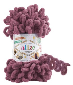 Ball of pink yarn with an Alize label on a white background