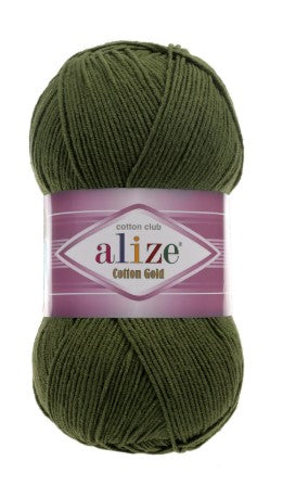 Ball of green yarn with Alize label on a white background