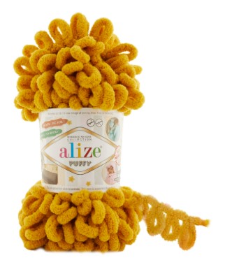 Yellow yarn ball with 'alize' label on a white background Alize Puffy,Blanket Yarn,Puffy Yarn,Soft Yarn,Hypoallergenic Lingerie,Baby Yarn,Loop Yarn,ChunkyYarn,No Needles No Hooks,Silky,Colorful Yarn
