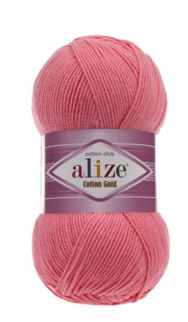 Ball of pink yarn with an Alize label on a white background