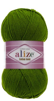 Green skein of yarn with an Alize label on a white background