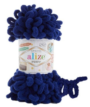 Blue yarn ball with Alize puffy 360 label on a white background