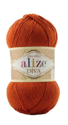 Ball of orange yarn with 'alize Diva 36' label on a white background