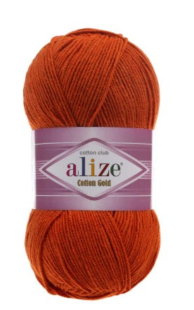Ball of orange yarn with Alize label on a white background