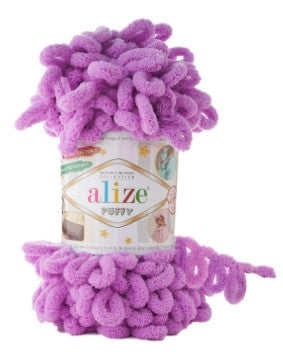 Purple yarn ball with 'alize puffy 378' packaging on a white background