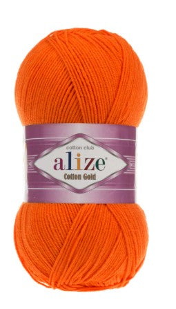 Orange ball of yarn with a 'Alize' label on a white background