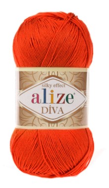 Ball of orange yarn with Alize Diva  37 label on a white background