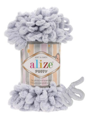 Alize soft and duck puffy 416 yarn in gray packaging on a white background