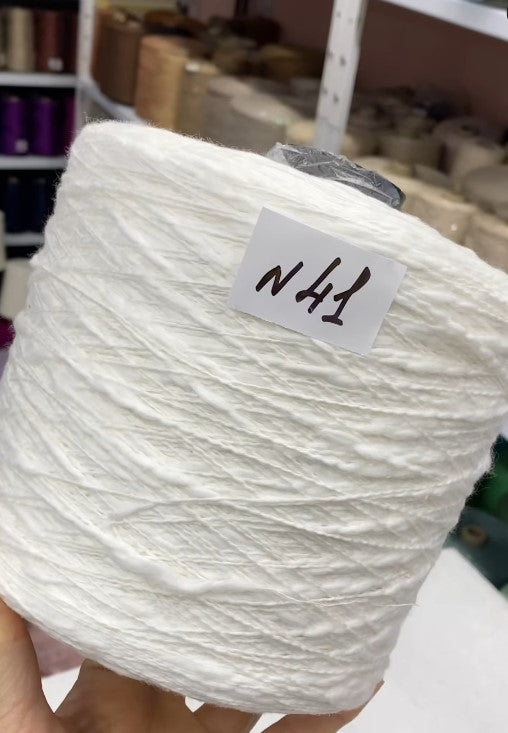 Premium Virgin White Flamme Slub Cotton Yarn cone with label n41 – soft textured Italian cotton for summer knitting and crochet projects