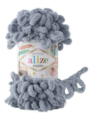 Gray yarn ball with 'Alize puffy 428' label on a white background