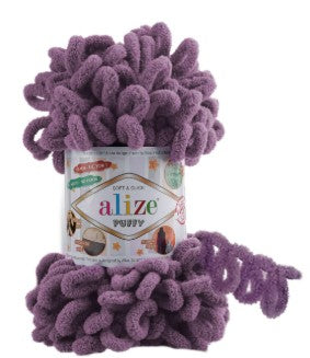 Purple yarn with Alize puffy 437 label on a white background