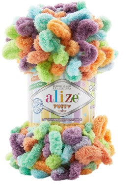Alize Puffy Color variegated loop yarn skein in vibrant multicolor gradient, 100% micropolyester finger knitting yarn