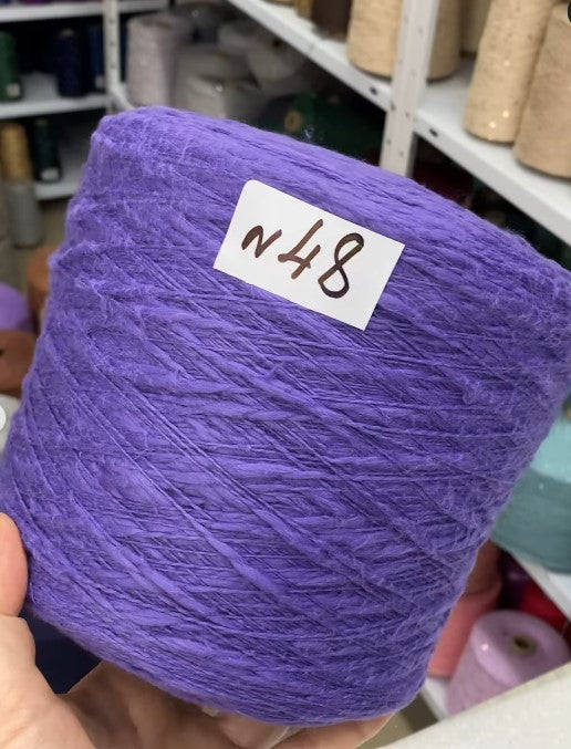 Violet Flamme Slub Cotton Yarn cone labeled n48 – premium Italian textured cotton 250m/100g for lightweight summer tops and cardigans
