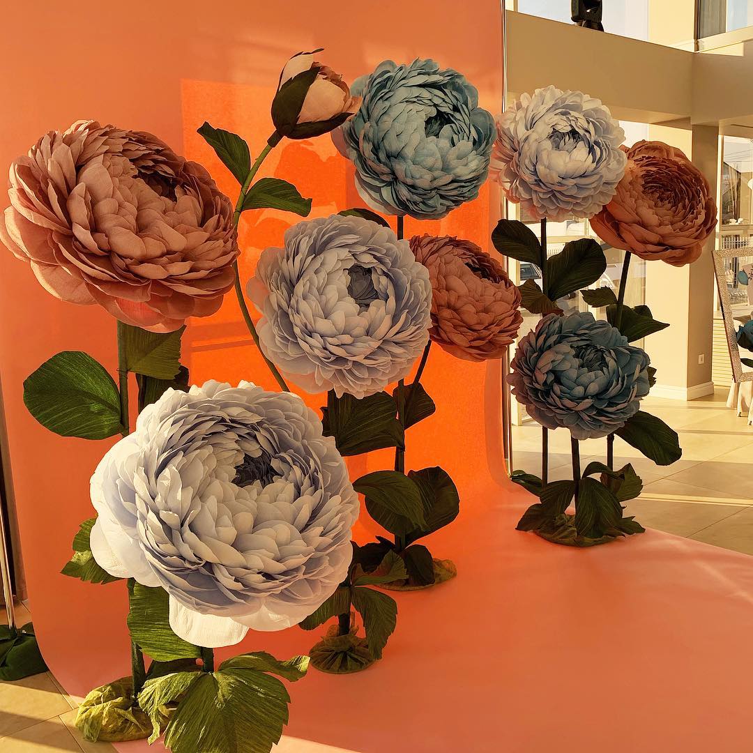 Giant paper peony flowers in dusty blue, white, blush and terracotta shades displayed against a bright orange backdrop. Large handmade 65cm crepe paper peonies for wedding photo zones and elegant event decor.